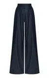 Andres Otalora Esencia Shirred Tencel Denim Wide-leg Pants In Navy