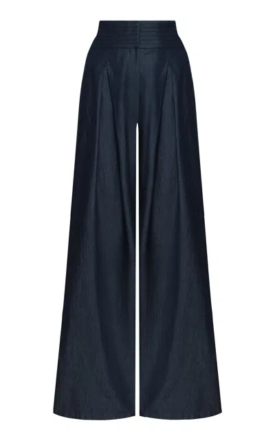 Andres Otalora Esencia Shirred Tencel Denim Wide-leg Pants In Navy