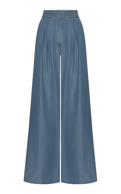 Andres Otalora Esencia Shirred Tencel Denim Wide-leg Pants In Navy