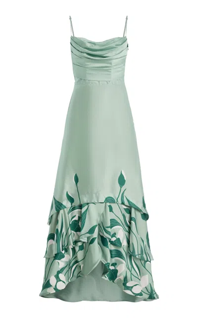 Andres Otalora Exclusive Floreada Tulip-printed Satin Maxi Dress In Green