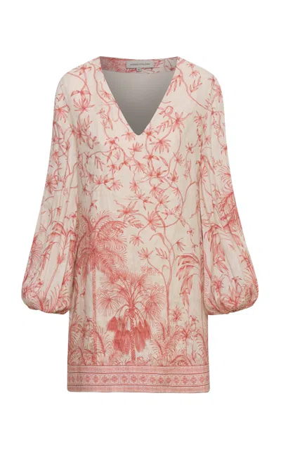 Andres Otalora Flamencos Printed Linen Mini Dress In Neutral