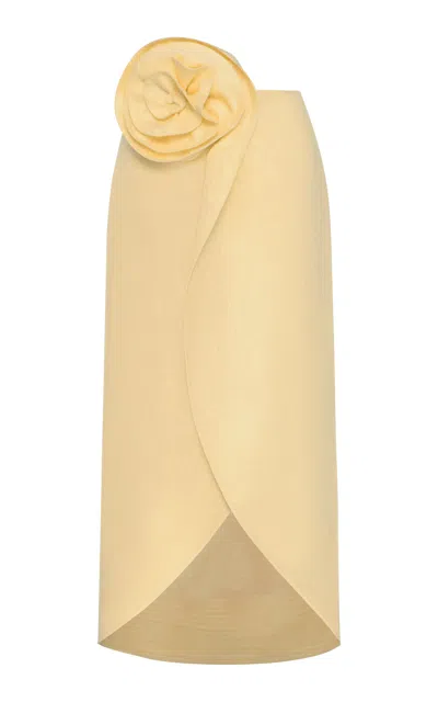 Andres Otalora Florada Floral-embellished Linen Midi Skirt In Yellow