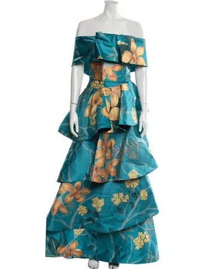 Pre-owned Andres Otalora Floral Print Pleated Accents Skirt Set In Blue