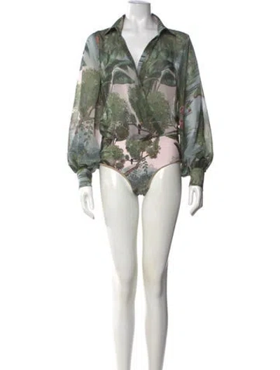 Pre-owned Andres Otalora Floral Print V-neck Bodysuit In Green