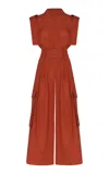 Andres Otalora Golfinhos Belted Linen Jumpsuit In Orange