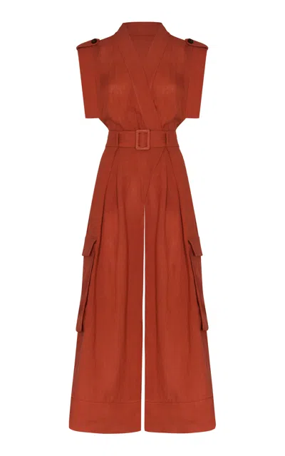 Andres Otalora Golfinhos Belted Linen Jumpsuit In Orange