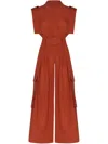 Andres Otalora Golfinhos Belted Linen Jumpsuit In Orange