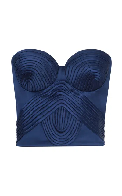 Andres Otalora Hasta El Cielo Embroidered Satin Corset Top In Navy