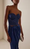 Andres Otalora Hasta El Cielo Embroidered Satin Corset Top In Blue