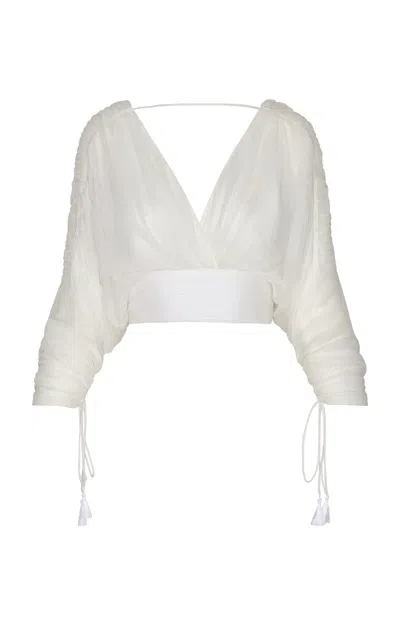 Andres Otalora Iris Crinkled Silk Chiffon Top In Off-white