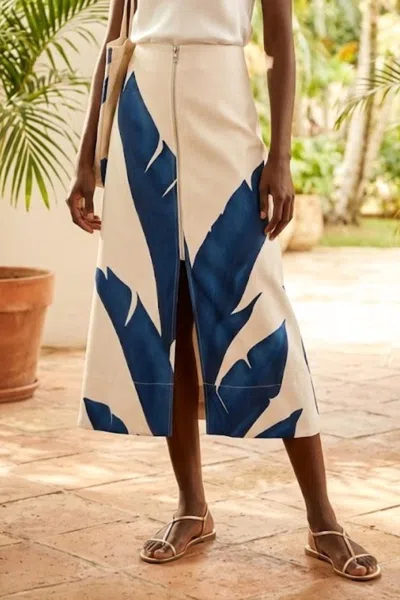 Andres Otalora Isla Lejana Front Zip Midi Skirt In Blue Musa Leaf In Multi