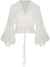 Andres Otalora La Postale Belted Linen Balloon Sleeve Top In White