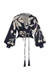 Andres Otalora La Postale Belted Linen Balloon Sleeve Top In Navy