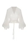 Andres Otalora La Postale Belted Linen Balloon Sleeve Top In White