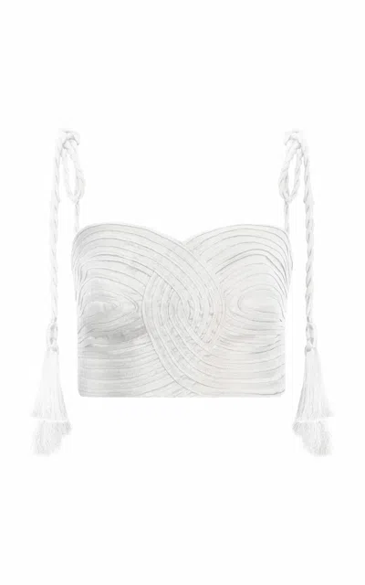 Andres Otalora Latido Sereno Embellished Linen Crop Top In Off-white