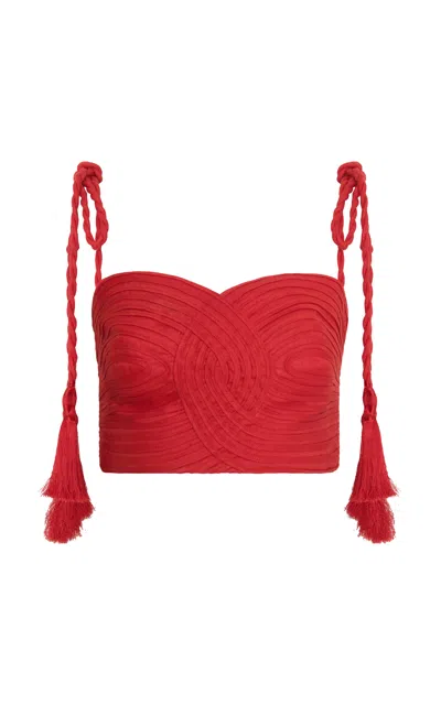 Andres Otalora Latido Sereno Embellished Linen Crop Top In Red