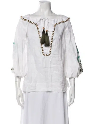 Pre-owned Andres Otalora Linen Printed Top In White