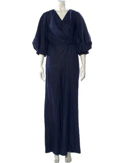 Pre-owned Andres Otalora Linen V-neck Jumpsuit In Blue