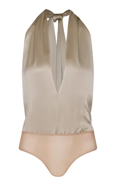 Andres Otalora Negroni Satin Halter Bodysuit In Taupe