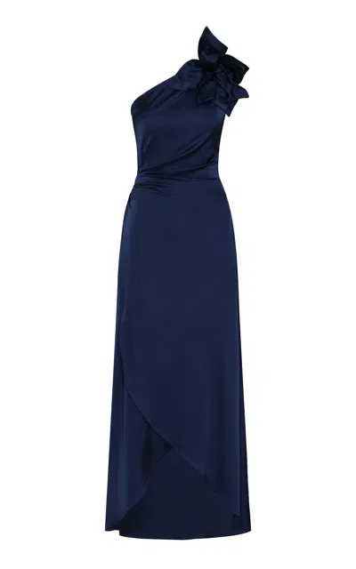 Andres Otalora Nocturna Asymmetric Embellished Satin Maxi Dress In Navy