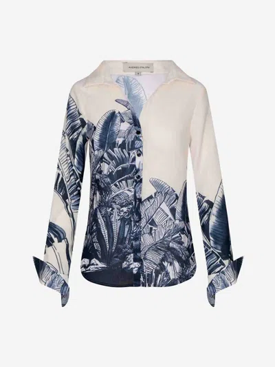 Andres Otalora Printed Linen Blouse In Cobalt Blue