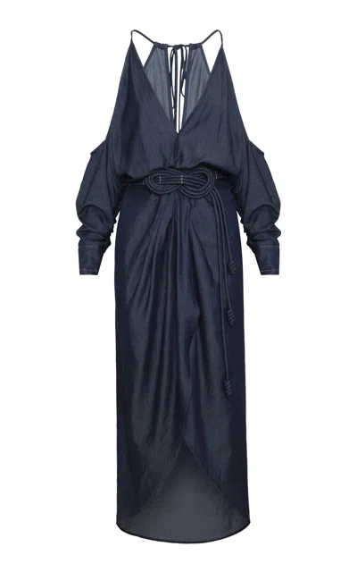 Andres Otalora Recordar Belted Tencel Denim Off-the-shoulder Midi Dress In Navy