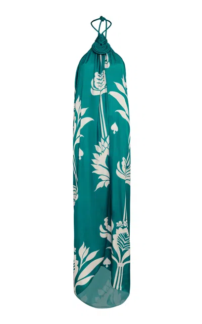Andres Otalora Relatos Embellished Satin Halter Maxi Dress In Turquoise