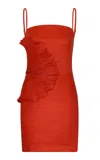 Andres Otalora Respiro Lento Floral-embellished Linen Mini Dress In Red