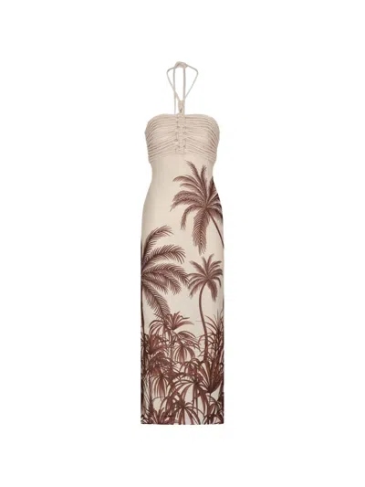 Andres Otalora Ruched Print Midi Dress In Neutral