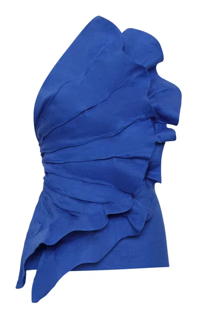 Andres Otalora Santo Pleated Linen Bustier Top In Blue