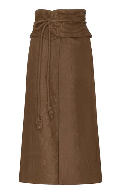 Andres Otalora Sintiendo Mucho Belted Linen Midi Skirt In Tan
