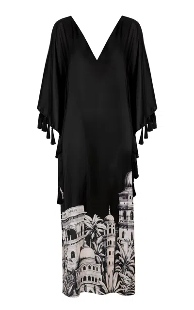 Andres Otalora Sona Tassel-embellished Satin Caftan Dress In Black,white