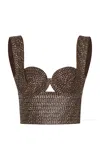 Andres Otalora Tabacco Cropped Linen & Raffia Top