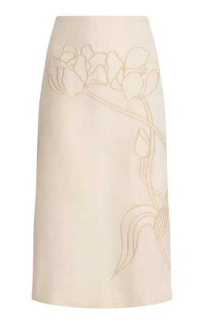 Andres Otalora Travesia Embroidered Linen Midi Skirt In Ivory