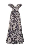 Andres Otalora Tua Vida Gathered Chiffon Off-the-shoulder Maxi Dress In Navy
