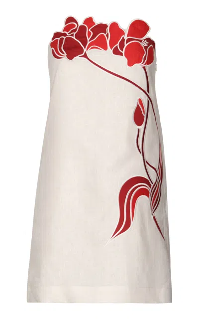 Andres Otalora Tulipanes Embroidered Linen Mini Dress In Ivory
