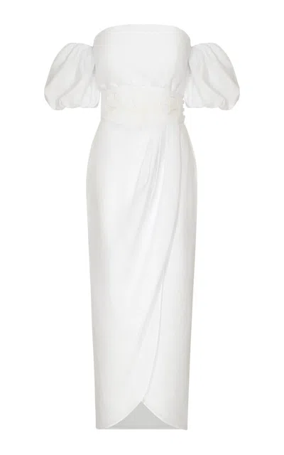 Andres Otalora Una Historia Belted Linen Off-the-shoulder Midi Dress In Off-white