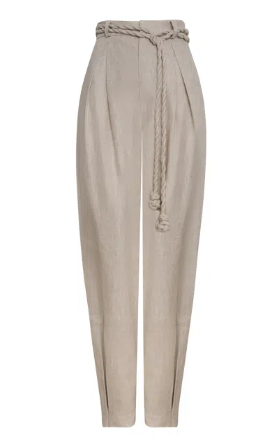 Andres Otalora Una Vida Belted Linen Tapered Pants In Tan