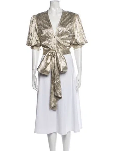 Pre-owned Andres Otalora V-neck Short Sleeve Blouse W/ Tags In Gold/metallic