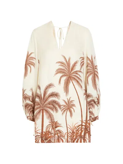 Andres Otalora Y El Mar Palm Tree-print V-neck Mini Dress In Neutral