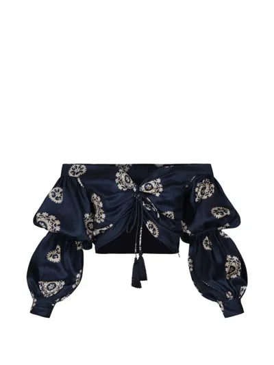 Andres Otalora Zinu Cropped Off-the-shoulder Blouse In Blue