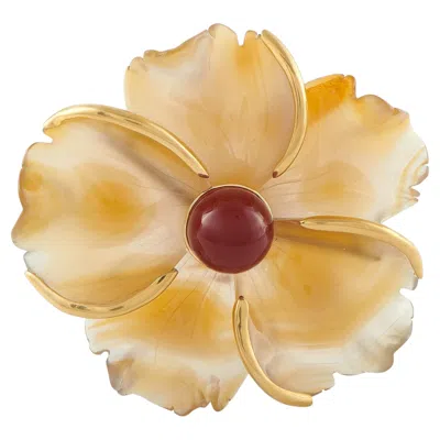 Pre-owned Andrew Clunn 18k Yellow Gold Agate And Cornelian Flower Brooch Ac24-022326