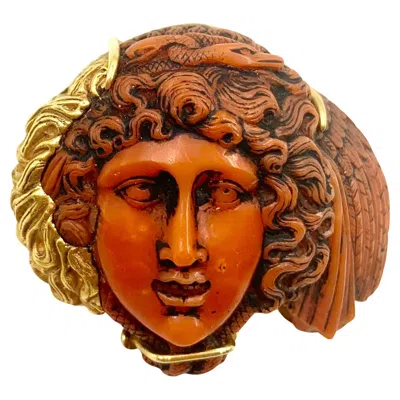 Pre-owned Andrew Clunn 18k Yellow Gold Carved Red Coral Medusa Pendant/brooch