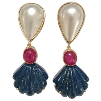 Pre-owned Andrew Clunn A. Clunn Drop Earring With Mave Pearl And Rubellite And Carved Sea Shell Lapis In Multi