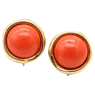 Pre-owned Andrew Clunn Clips-on Earrings In 18kt Yellow Gold With Red Coral