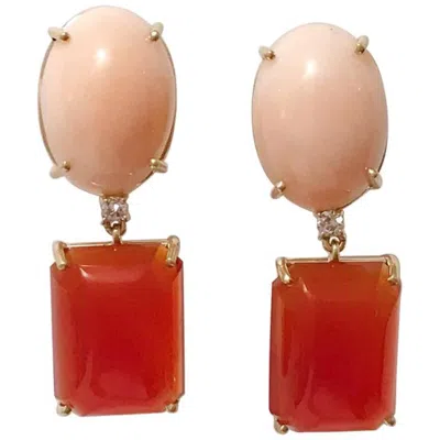 Pre-owned Andrew Clunn Geometric Drop Earring With Coral And Carnelian And Diamond In Red