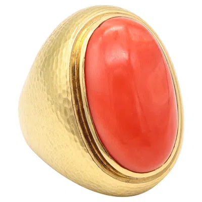 Pre-owned Andrew Clunn Massive Cocktail Ring In Hammered 18kt Gold With Sardinian Coral In Red
