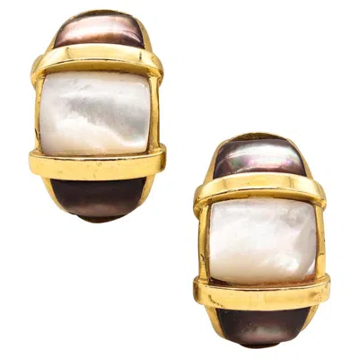 Pre-owned Andrew Clunn New York Hoop Earrings 18 Kt Yellow Gold With White & Black Nacre