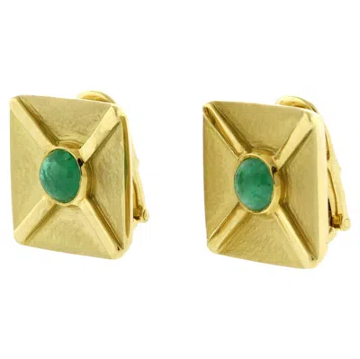 Pre-owned Andrew Clunn Square Textured Gold Cabochon Emerald Ear Clips By  In Green