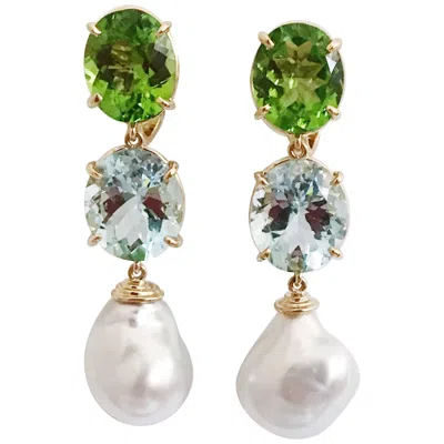 Pre-owned Andrew Clunn Three-stone Drop Earring With Peridot Aquamarine South Sea Pearl In Multi